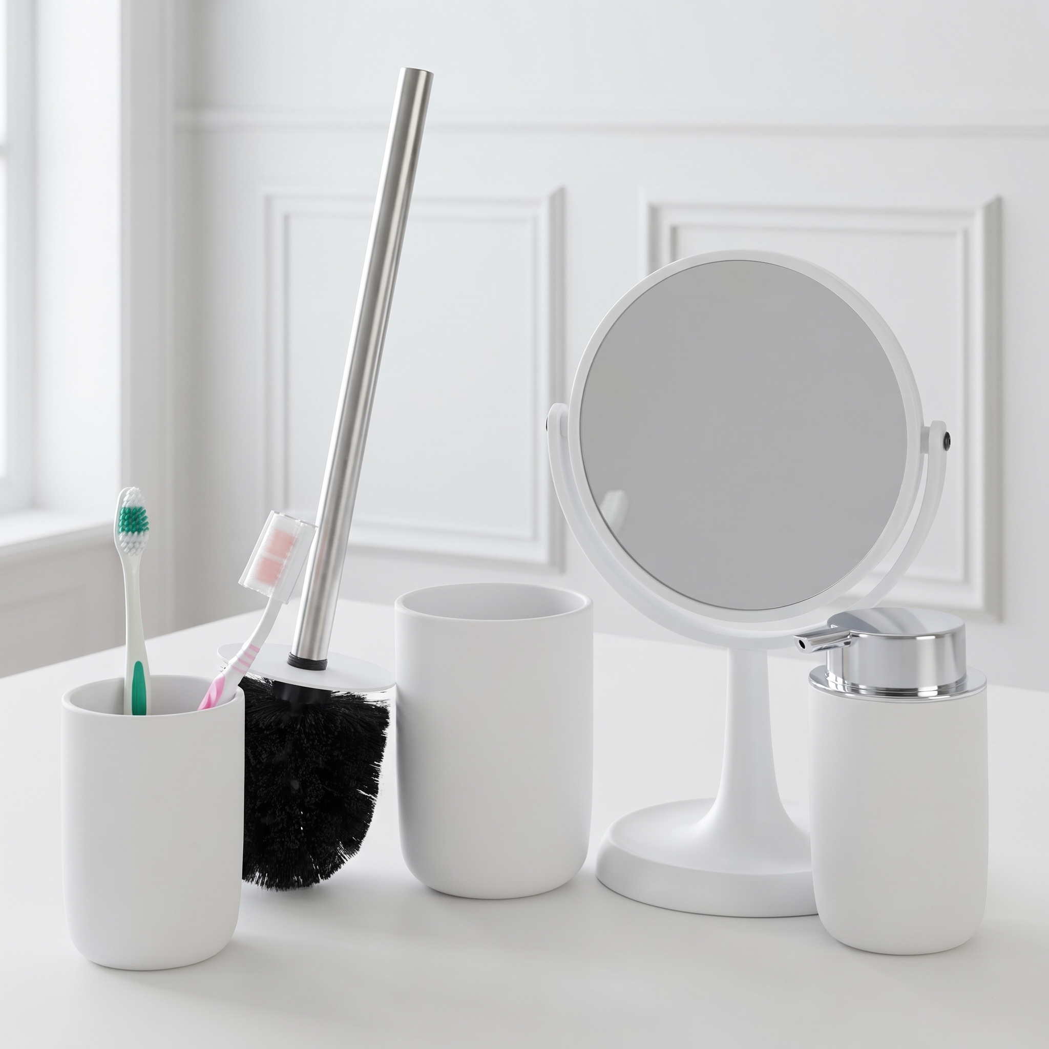 Badeværelsessæt i hvid – 4 Dele med toiletbørste, sæbedispenser, tandbørstekop & makeup-spejl