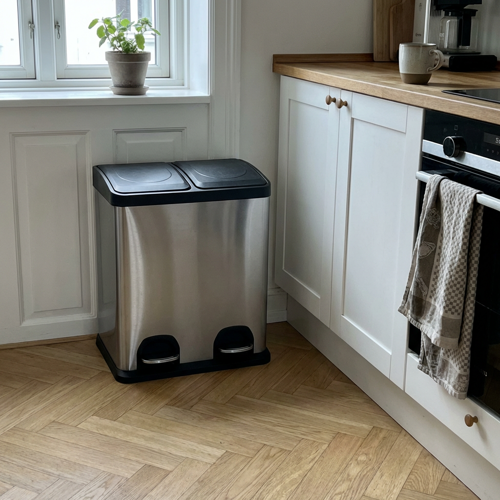 Stor metal skraldespand i rustfrit stål – 2 rum sortering billede