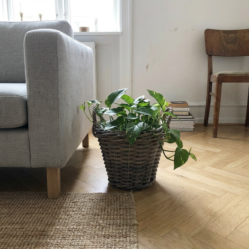 Plantekurv i grå rattan – Ø30×H23 cm