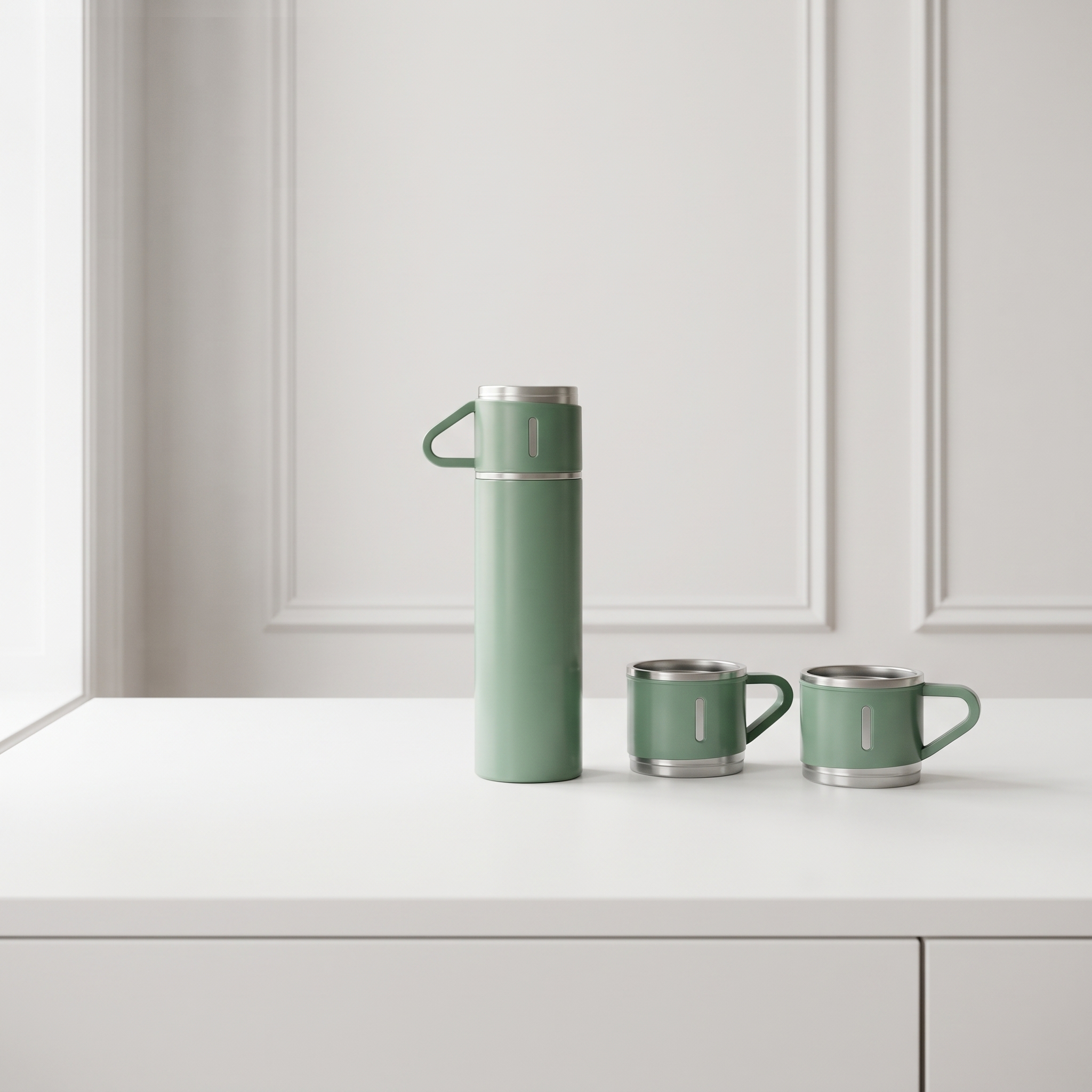 Grøn termokande 400 ml med 3 Kopper Rustfrit stål