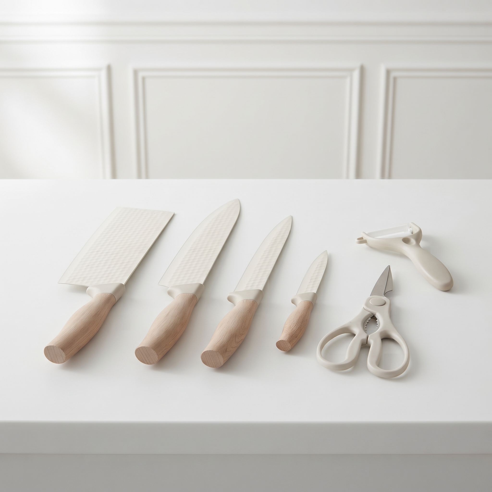 Knivsæt til køkken, 6 dele med 4 knive, køkkensaks og grøntsagsskræller i rustfrit stål