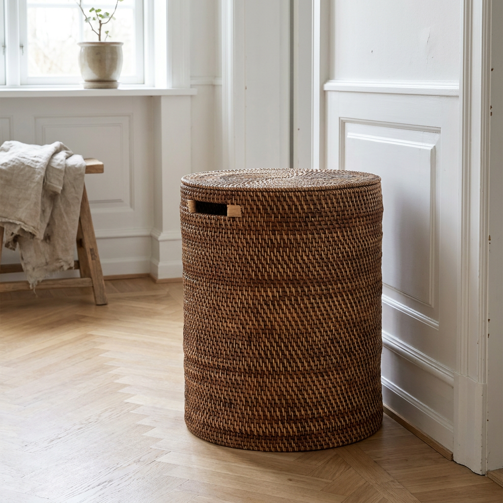 Viken vasketøjskurv i håndflettet rattan med låg – Ø40×H52 cm